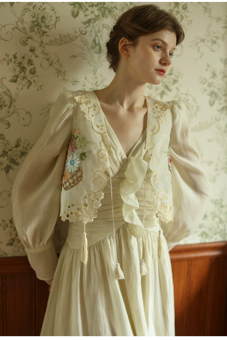 The Trianon Embroidered Vest | French Cotton Floral Waistcoat | Vintage Botanical Tassel Gilet | Parisian Princess