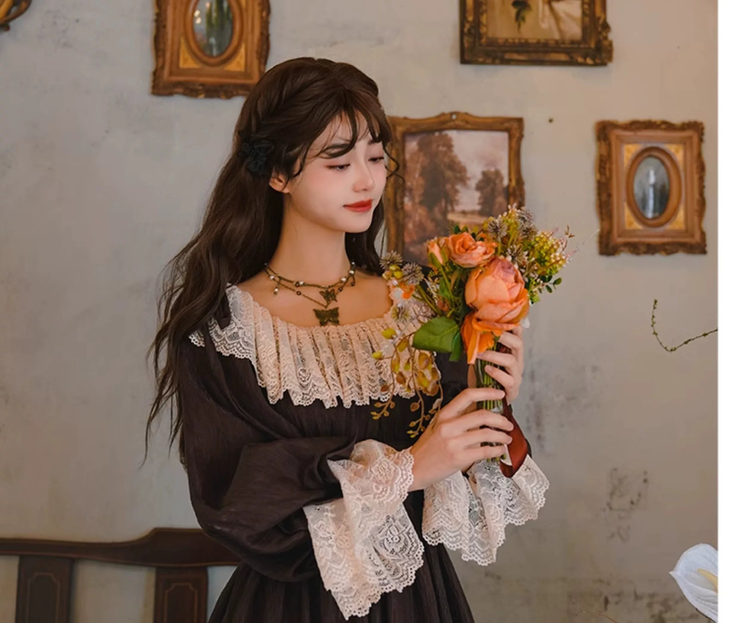 Parisian Women French Court Retro Lace Corset Puff Sleeve Jacquard Texture Dress