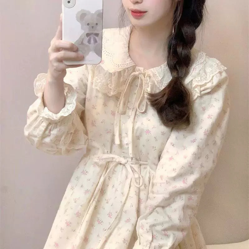 Autumn Winter Parisian Sweet Super Fairy Knitting Cardigan Sweater Outwear + Doll Collar Floral Dress Two-piece Set Women's Clothing