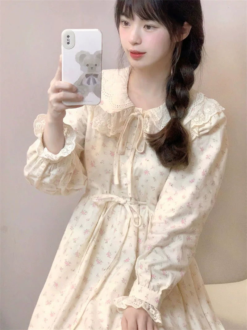 Autumn Winter Parisian Sweet Super Fairy Knitting Cardigan Sweater Outwear + Doll Collar Floral Dress Two-piece Set Women's Clothing