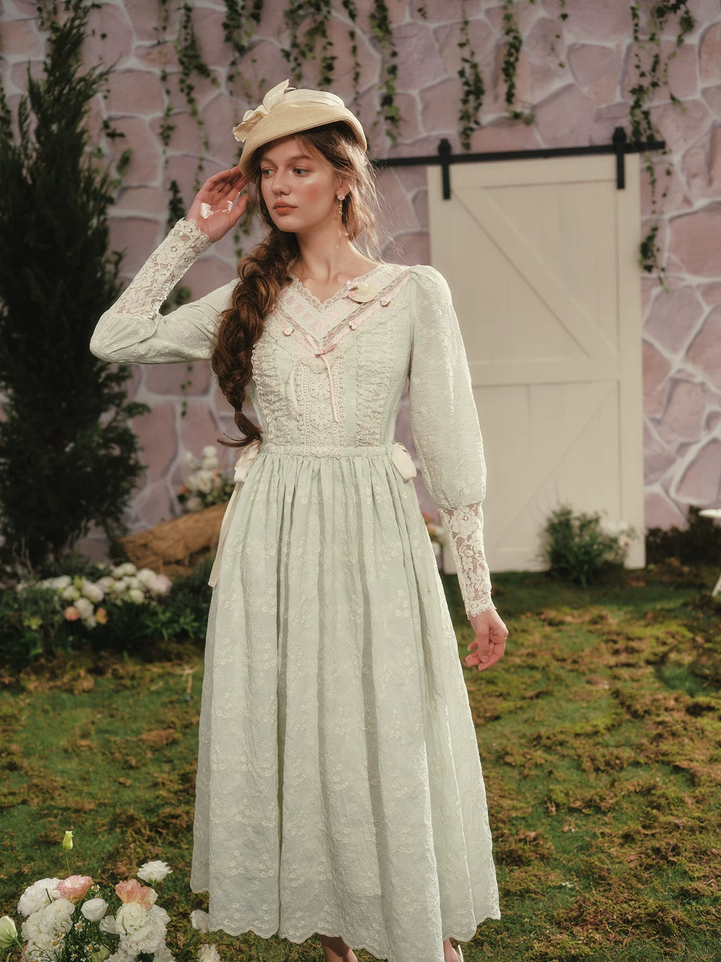 The Fontainebleau Emerald Garden Gown | Green Lantern Sleeve Lace Maxi | Vintage Empire Waist Dress | Parisian Princess