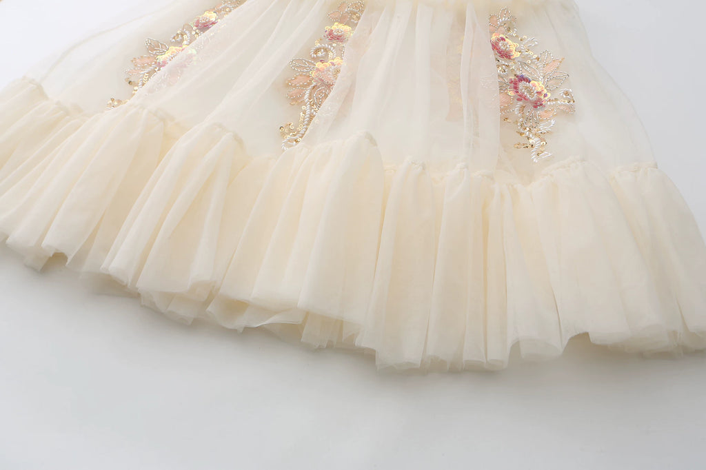 The Aurelia Beaded Gauze Skirt | Hand-Stitched Apricot Maxi | French Flounce Skirt with Ear Fringe | Parisian Princess