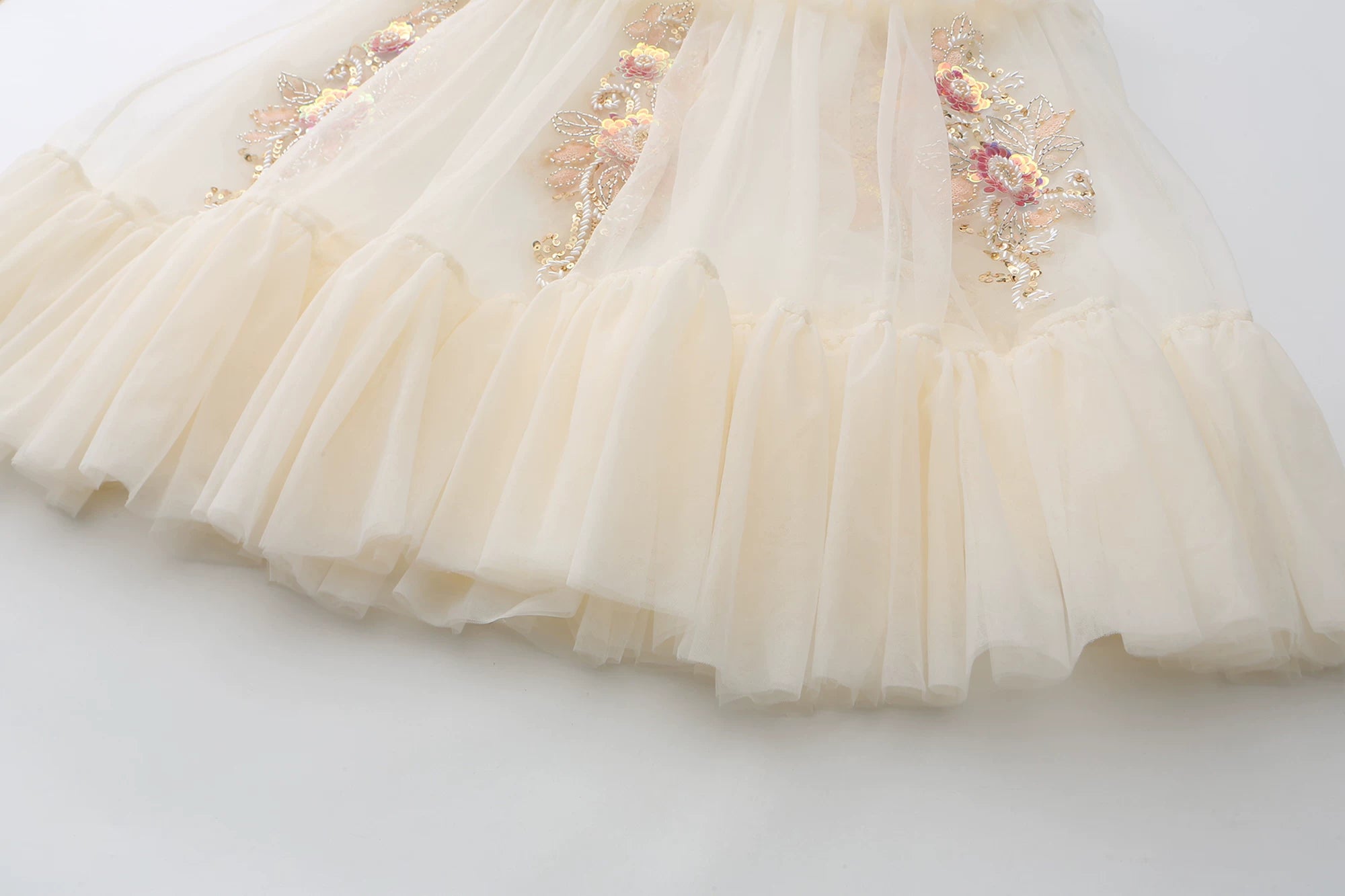 The Aurelia Beaded Gauze Skirt | Hand-Stitched Apricot Maxi | French Flounce Skirt with Ear Fringe | Parisian Princess