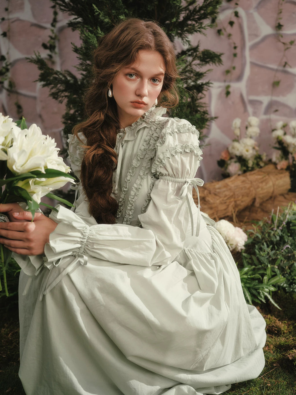 Parisian Princess French Dress Full Lantern Sleeve Long Maxi Ladies XS-XL Vintage High Waist 100% Cotton Lace Up 2025 New