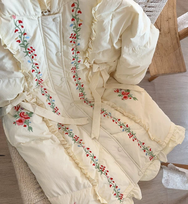 Parisian Women Full Sleeve Long Mid-Calf Thick Outerwear Hoode Zipper Down Jacket Embroidery Warm Coats Japanese Style