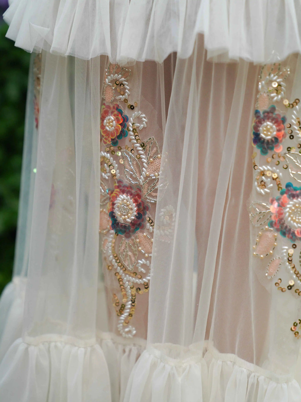 The Aurelia Beaded Gauze Skirt | Hand-Stitched Apricot Maxi | French Flounce Skirt with Ear Fringe | Parisian Princess