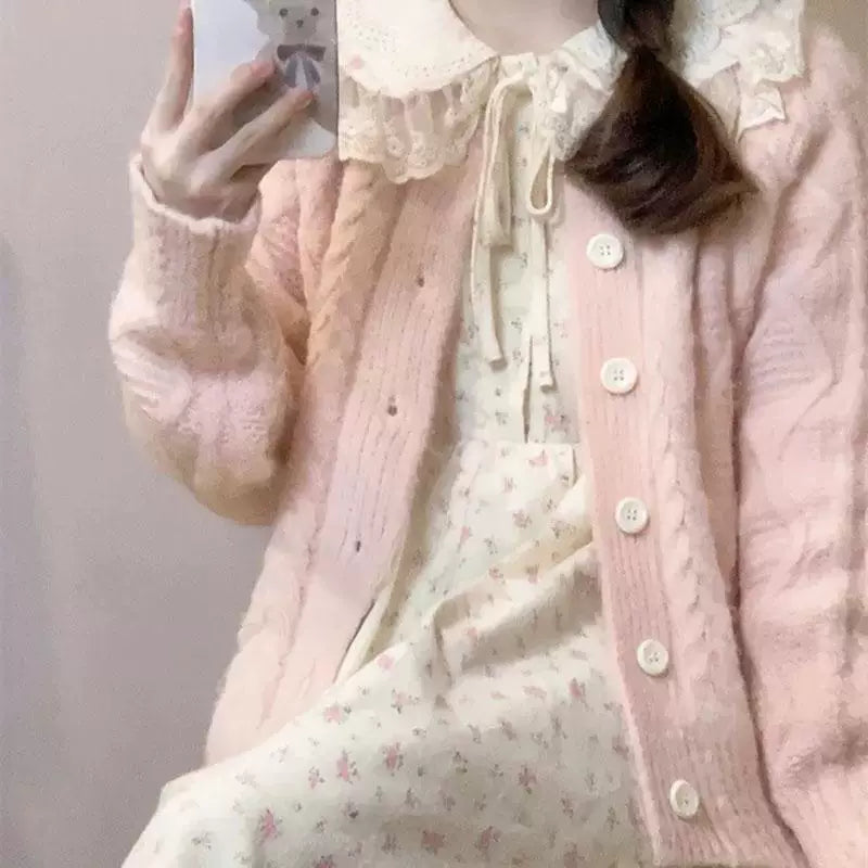 Autumn Winter Parisian Sweet Super Fairy Knitting Cardigan Sweater Outwear + Doll Collar Floral Dress Two-piece Set Women's Clothing