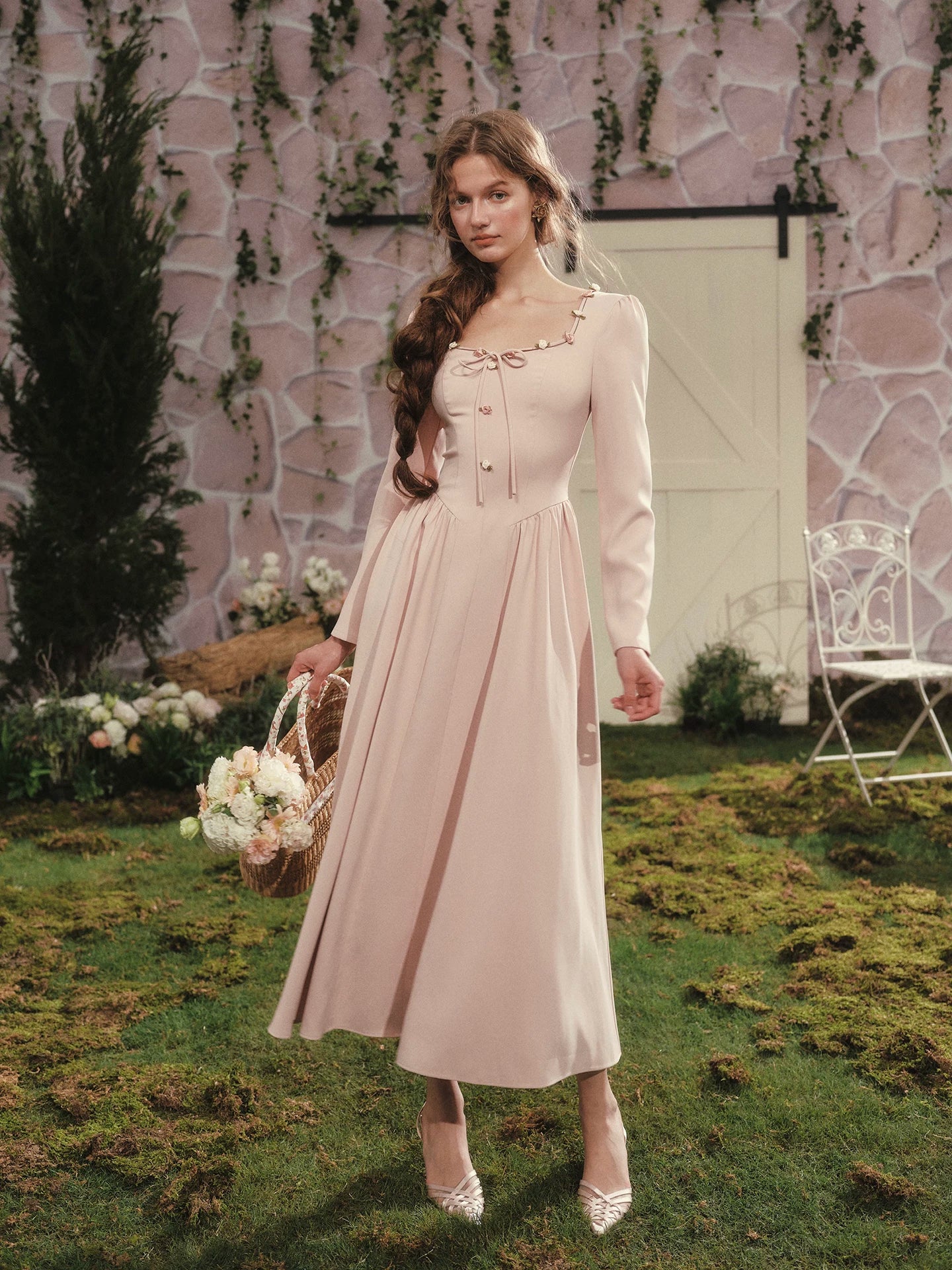 The Giverny Brocade Maxi Gown | Vintage Print Fit-and-Flare Ankle Gown | Square Collar Empire Waist | Parisian Princess