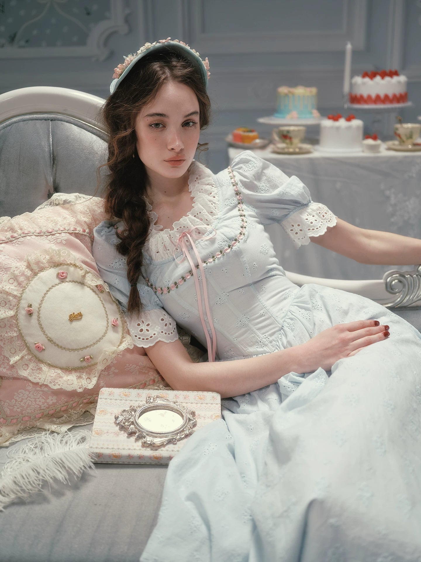 The La Croix Blue Lace Gown | Cotton Brocade Puff Sleeve Dress | Vintage Square Collar Midi | Parisian Princess