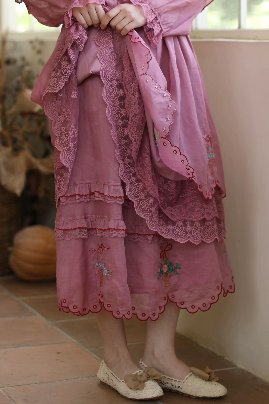 The Antique Botanical Tea Dress | French Forest Girl Embroidery Gown | Loose Fit Cotton-Ramie Jute Aesthetic Midi | Parisian Princess