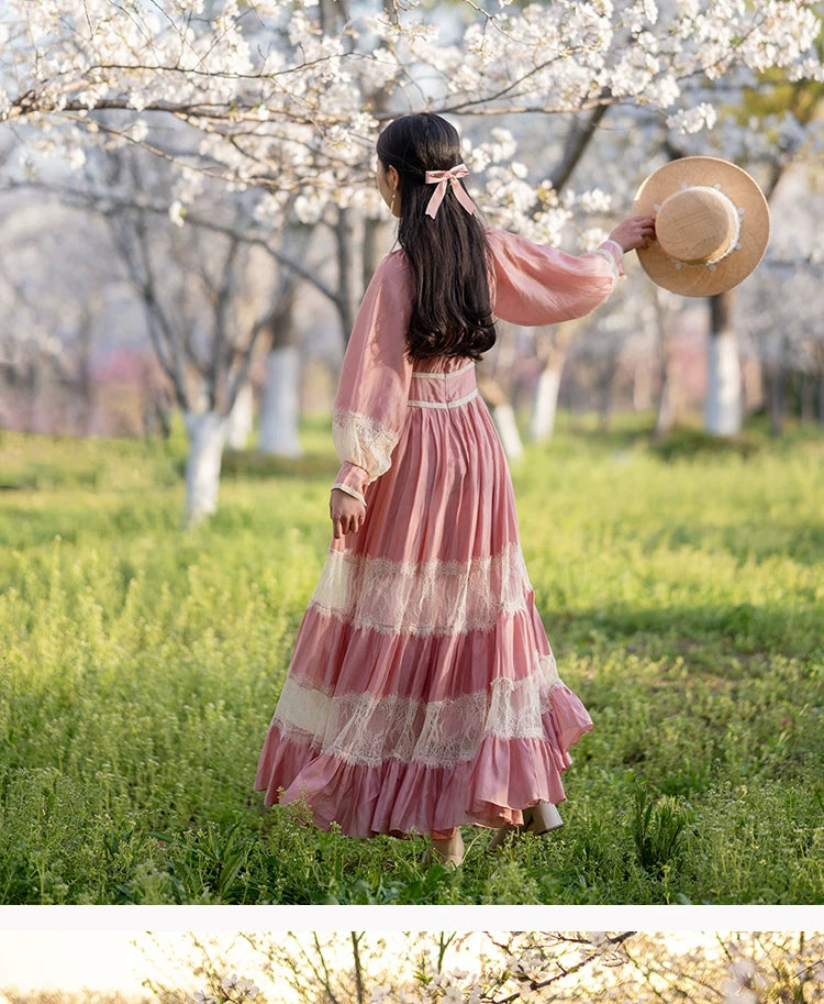 Parisian Long Maxi Women Ladies Dress Full Lantern Sleeve Pink Lace Patchwork 2025 New S-XL Spring Autumn Summer Square Collar