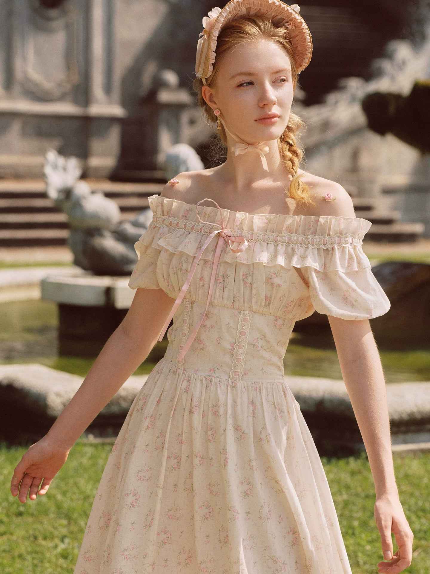 The Parisian Cotton Summer Garden Gown | Vintage Empire Waist Cotton Maxi | Slash Neck Puff Sleeve Ruffle Dress | Parisian Princess