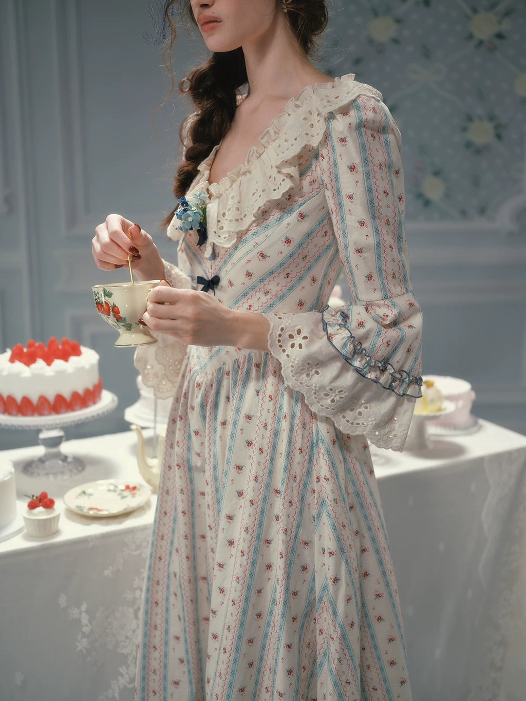 Parisian Cotton Lace Trimmed Women Dress Three Quarter Flare Sleeve Long Maxi Ladies V-Neck XS-XL Vintage High Waist Printed 2026