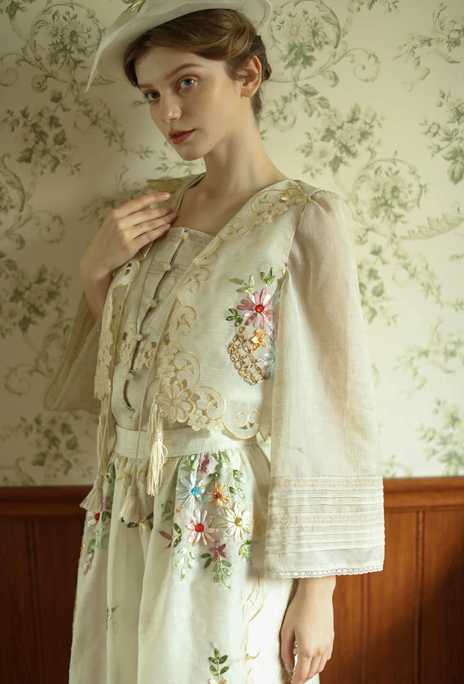 The Trianon Embroidered Vest | French Cotton Floral Waistcoat | Vintage Botanical Tassel Gilet | Parisian Princess
