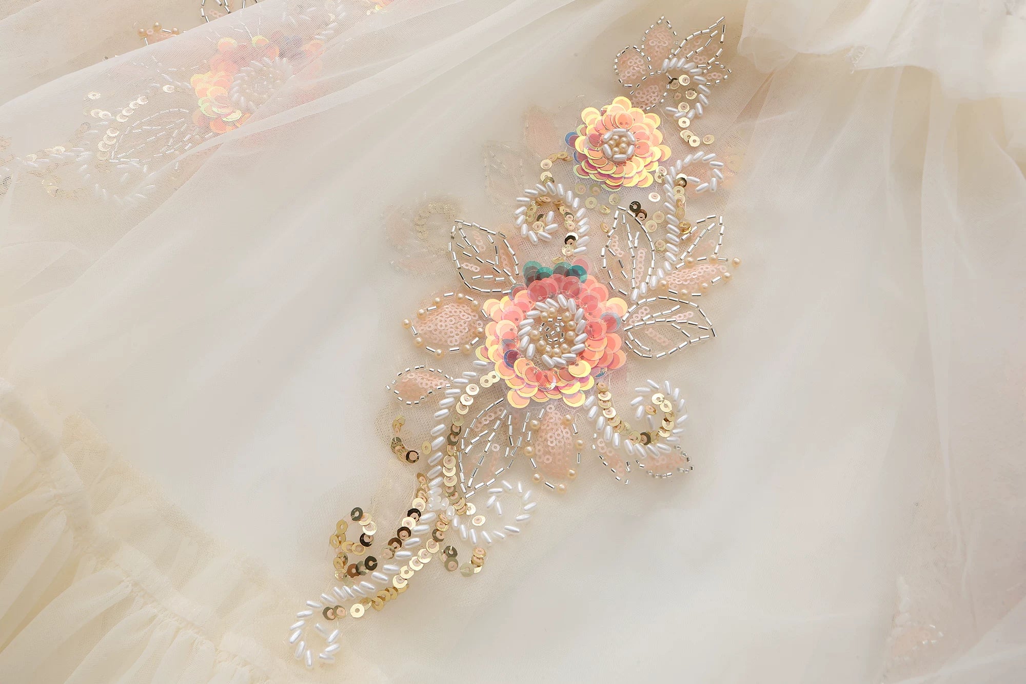 The Aurelia Beaded Gauze Skirt | Hand-Stitched Apricot Maxi | French Flounce Skirt with Ear Fringe | Parisian Princess