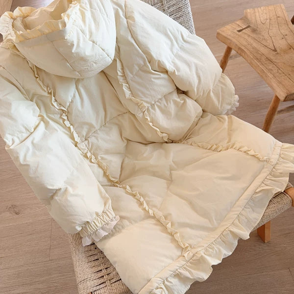 Parisian Women Full Sleeve Long Mid-Calf Thick Outerwear Hoode Zipper Down Jacket Embroidery Warm Coats Japanese Style