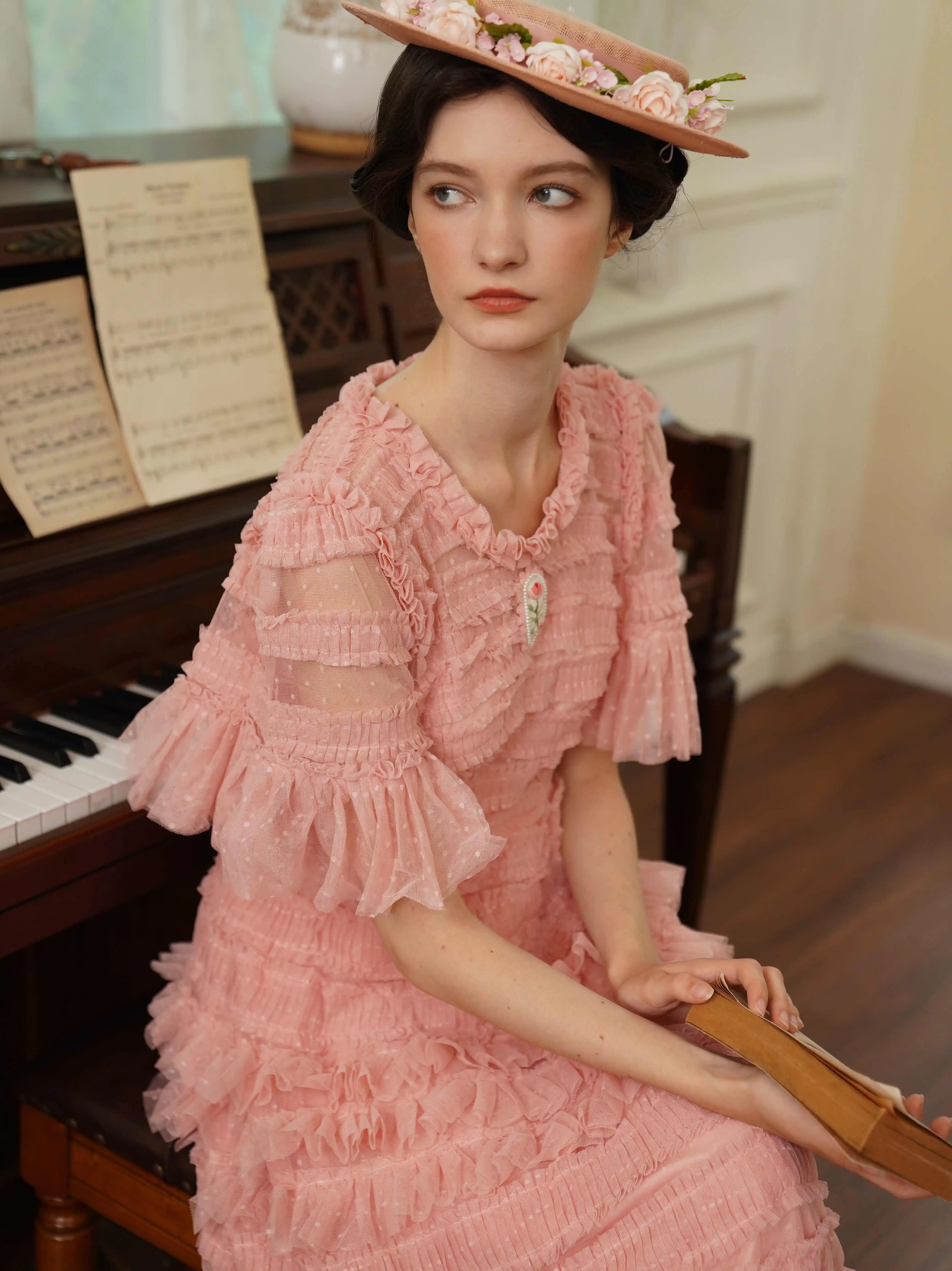 The Candy-Pink Promenade Gown | Hand-Embroidered Tiered Ballgown | Spring Mesh Cake Dress | Parisian Princess