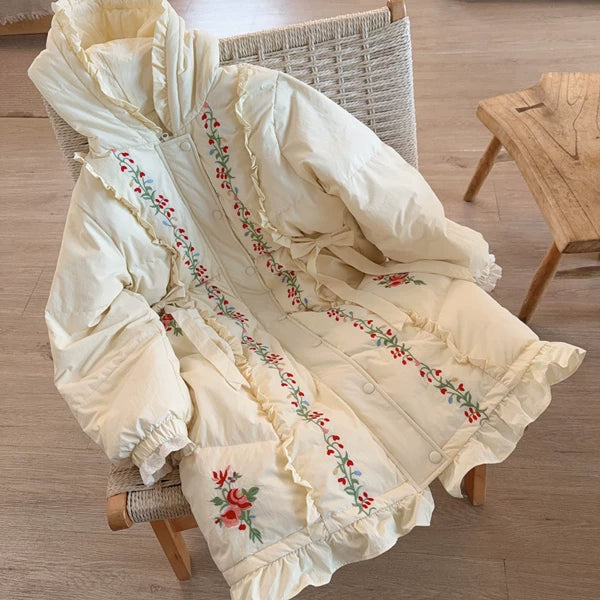 Parisian Women Full Sleeve Long Mid-Calf Thick Outerwear Hoode Zipper Down Jacket Embroidery Warm Coats Japanese Style