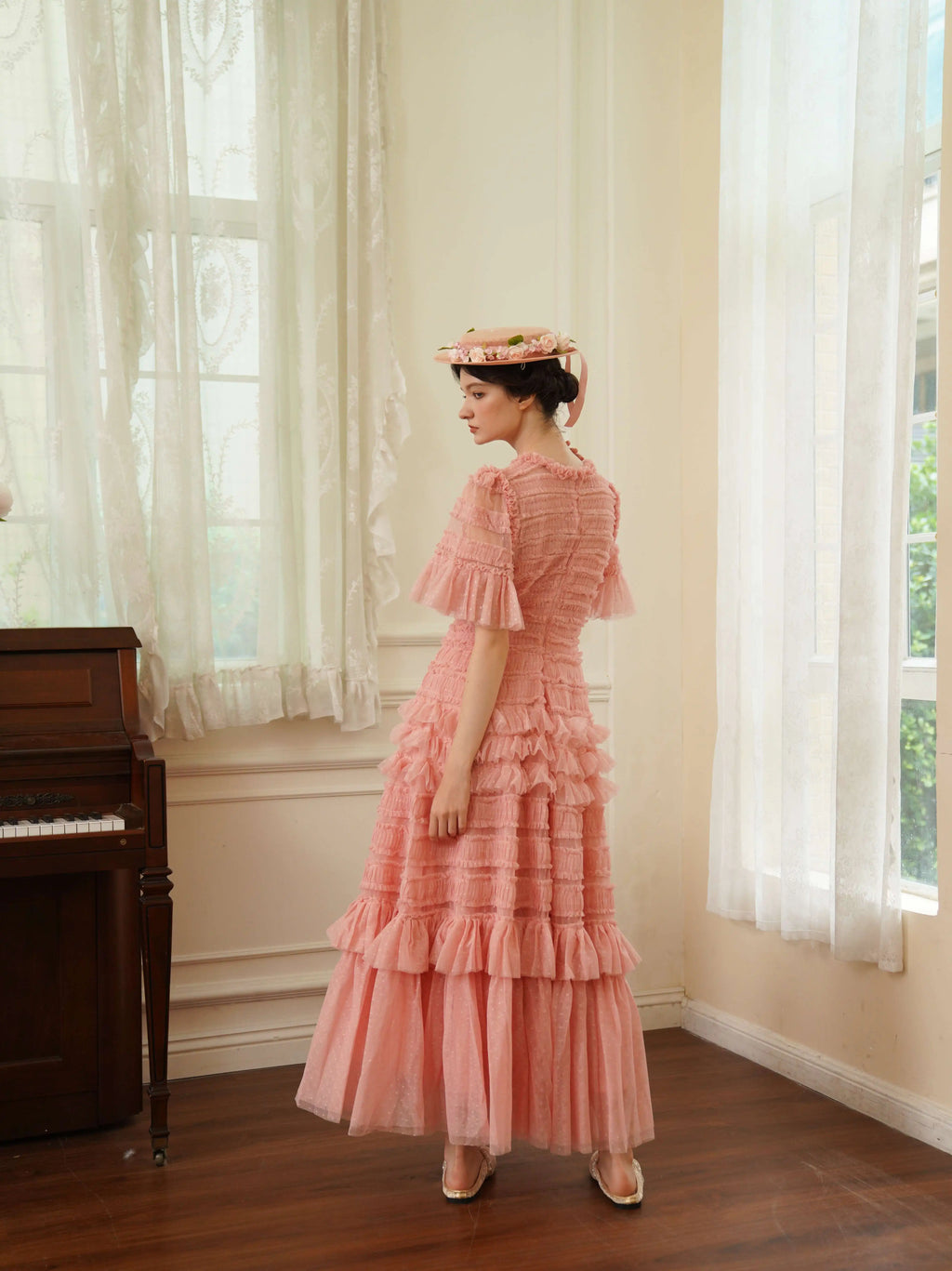 The Candy-Pink Promenade Gown | Hand-Embroidered Tiered Ballgown | Spring Mesh Cake Dress | Parisian Princess