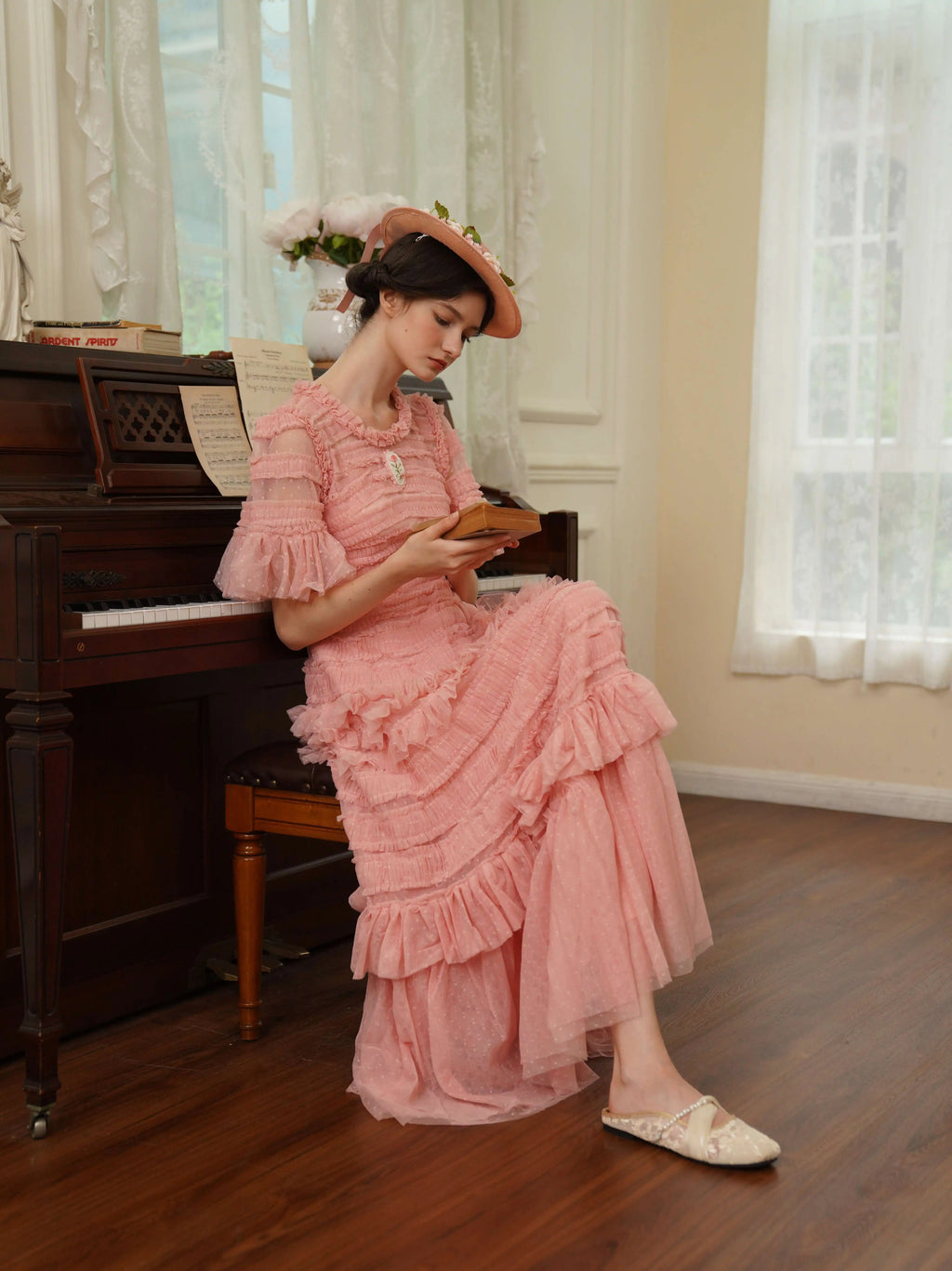 The Candy-Pink Promenade Gown | Hand-Embroidered Tiered Ballgown | Spring Mesh Cake Dress | Parisian Princess