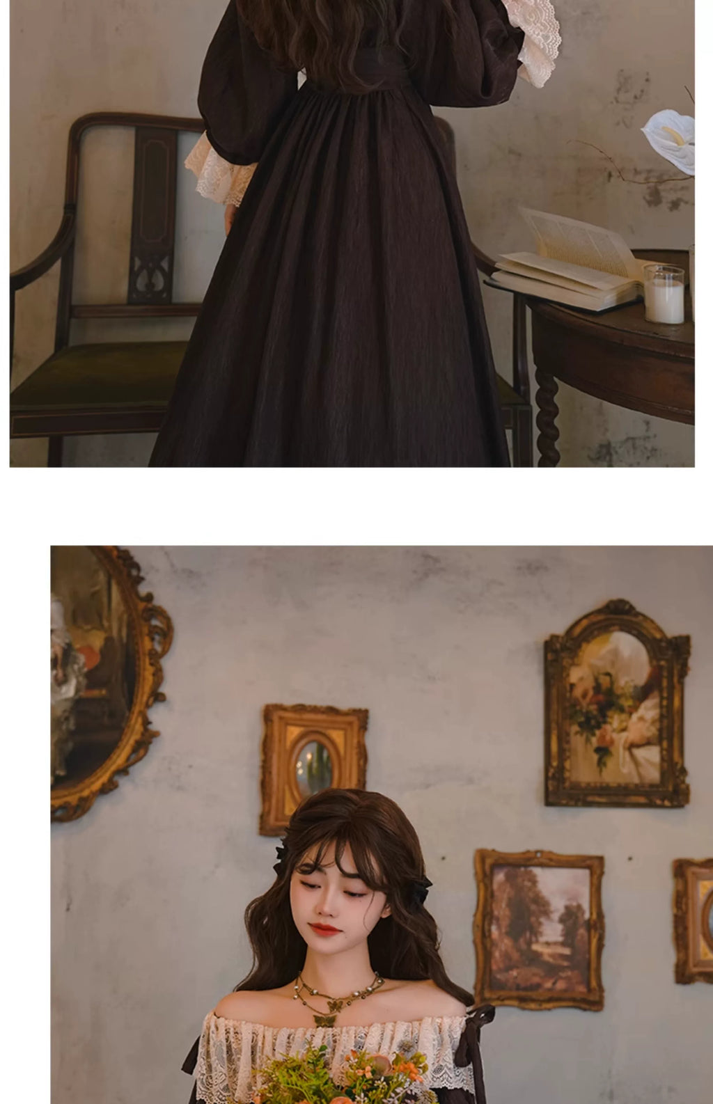 Parisian Women French Court Retro Lace Corset Puff Sleeve Jacquard Texture Dress