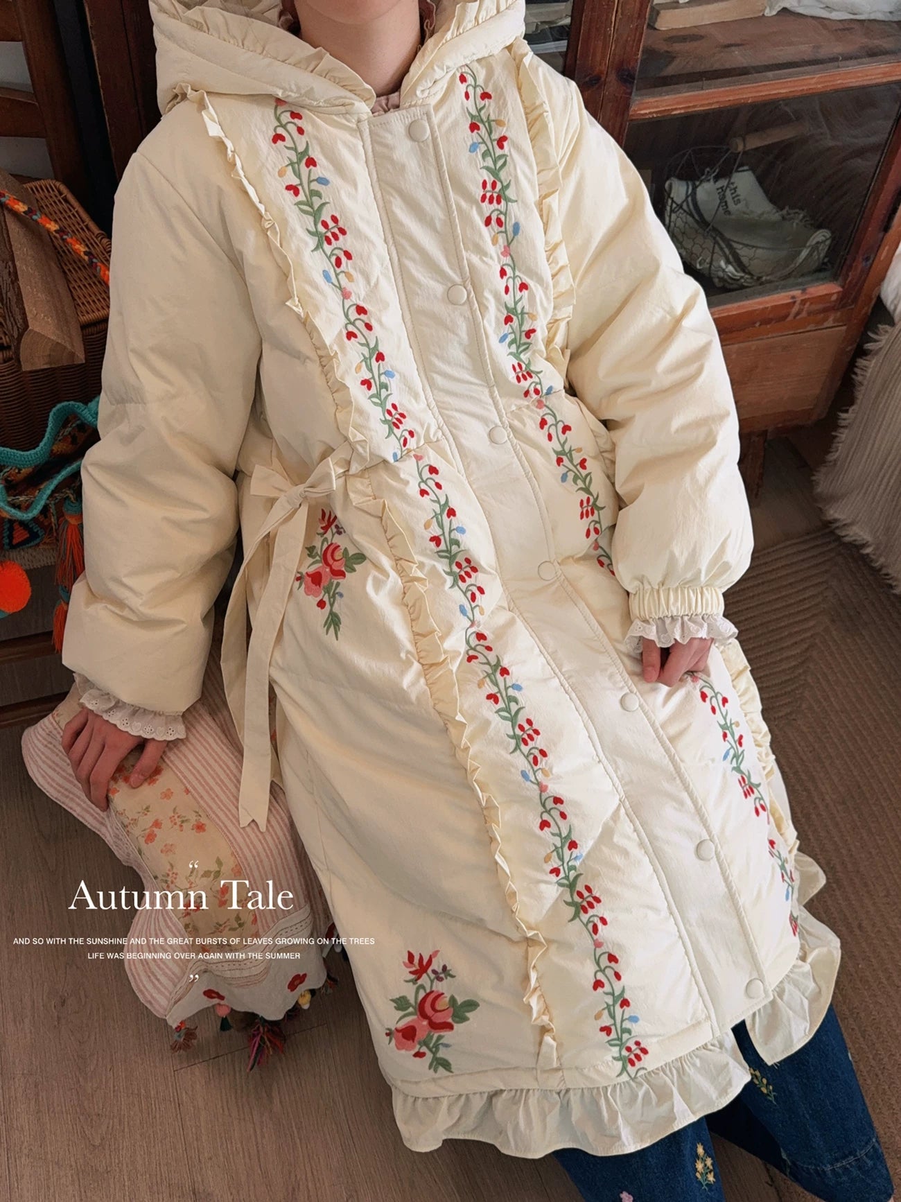 Parisian Women Full Sleeve Long Mid-Calf Thick Outerwear Hoode Zipper Down Jacket Embroidery Warm Coats Japanese Style