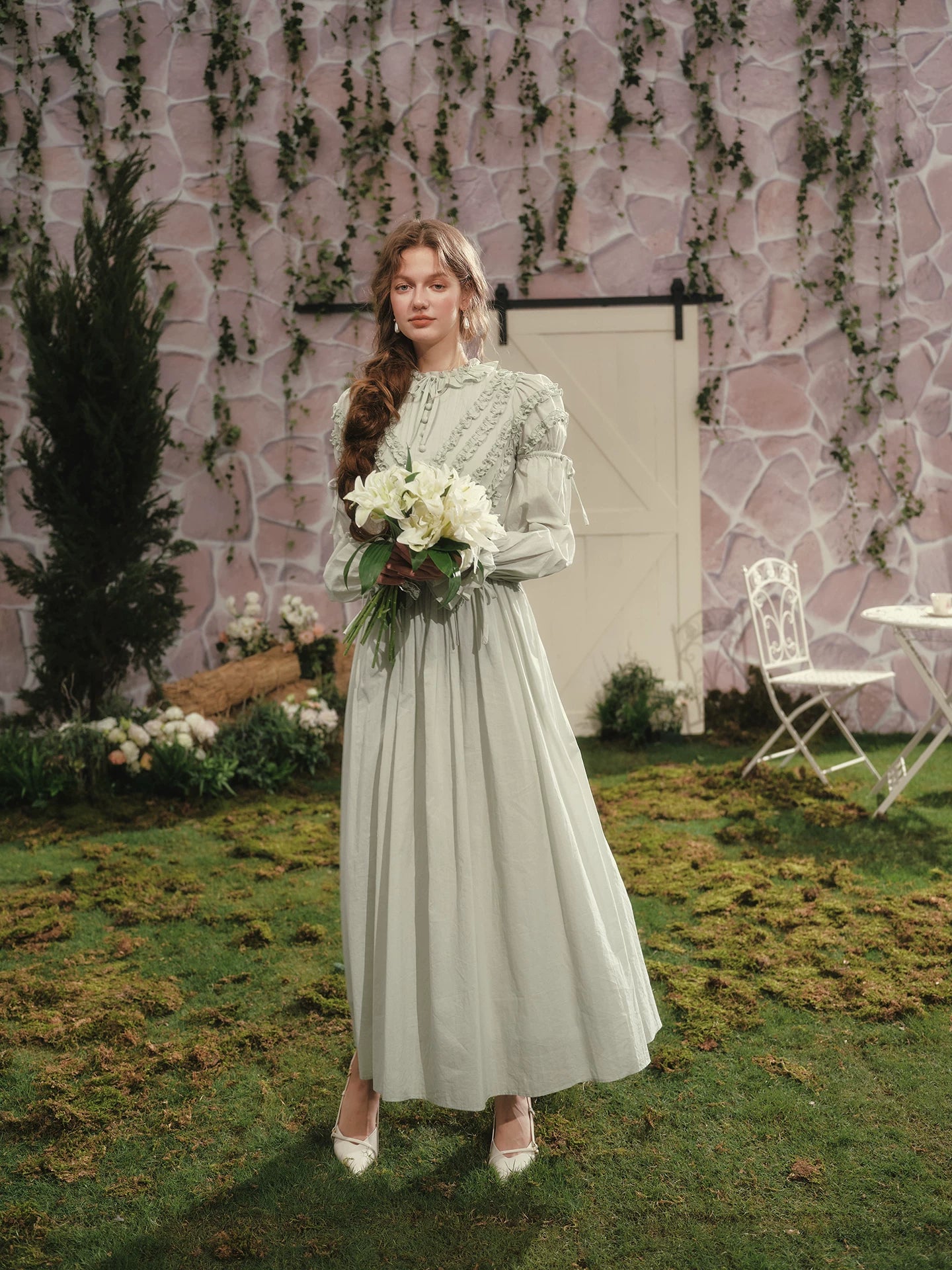 Parisian Princess French Dress Full Lantern Sleeve Long Maxi Ladies XS-XL Vintage High Waist 100% Cotton Lace Up 2025 New