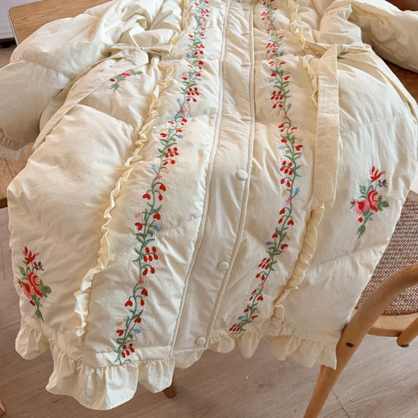 Parisian Women Full Sleeve Long Mid-Calf Thick Outerwear Hoode Zipper Down Jacket Embroidery Warm Coats Japanese Style