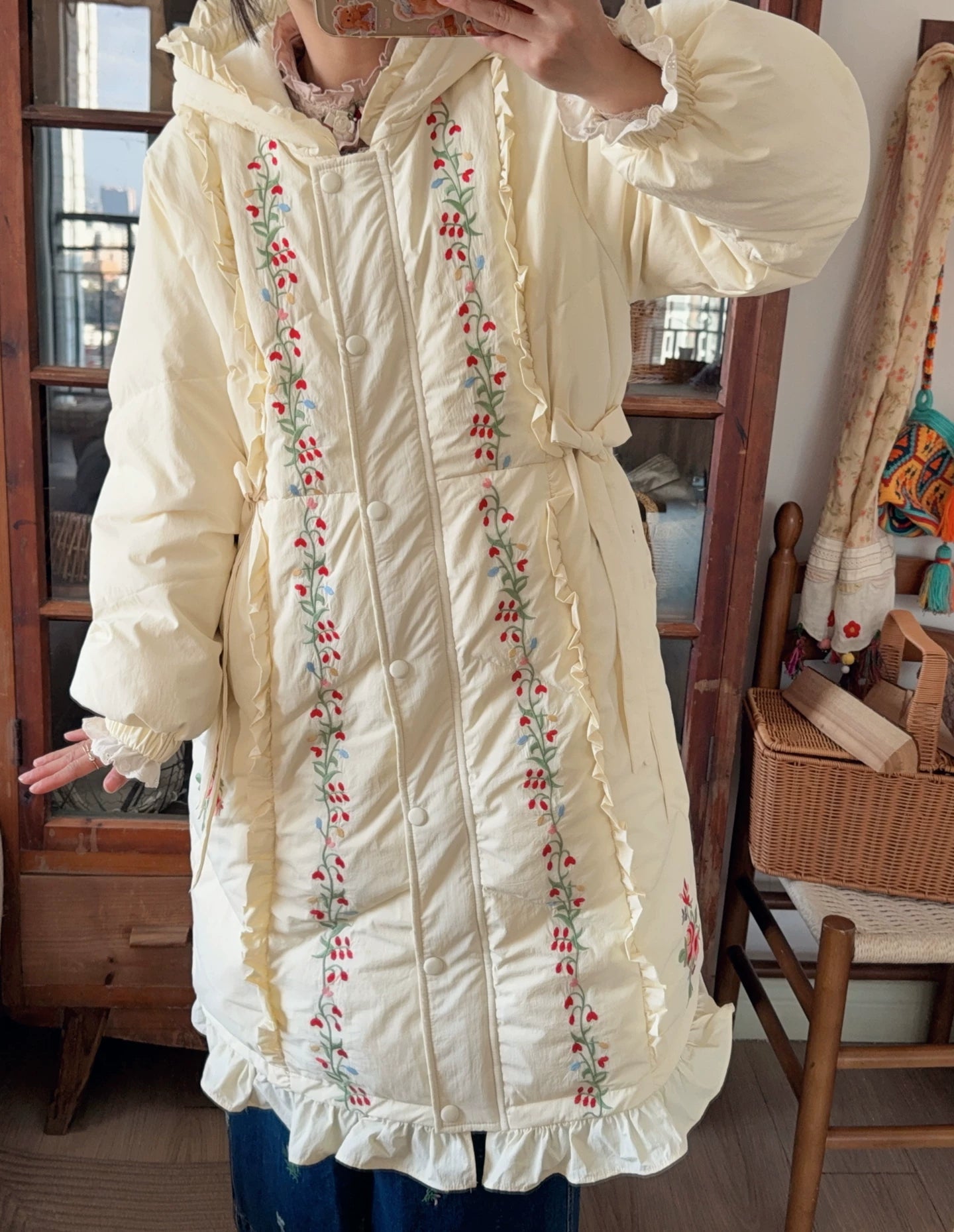 Parisian Women Full Sleeve Long Mid-Calf Thick Outerwear Hoode Zipper Down Jacket Embroidery Warm Coats Japanese Style