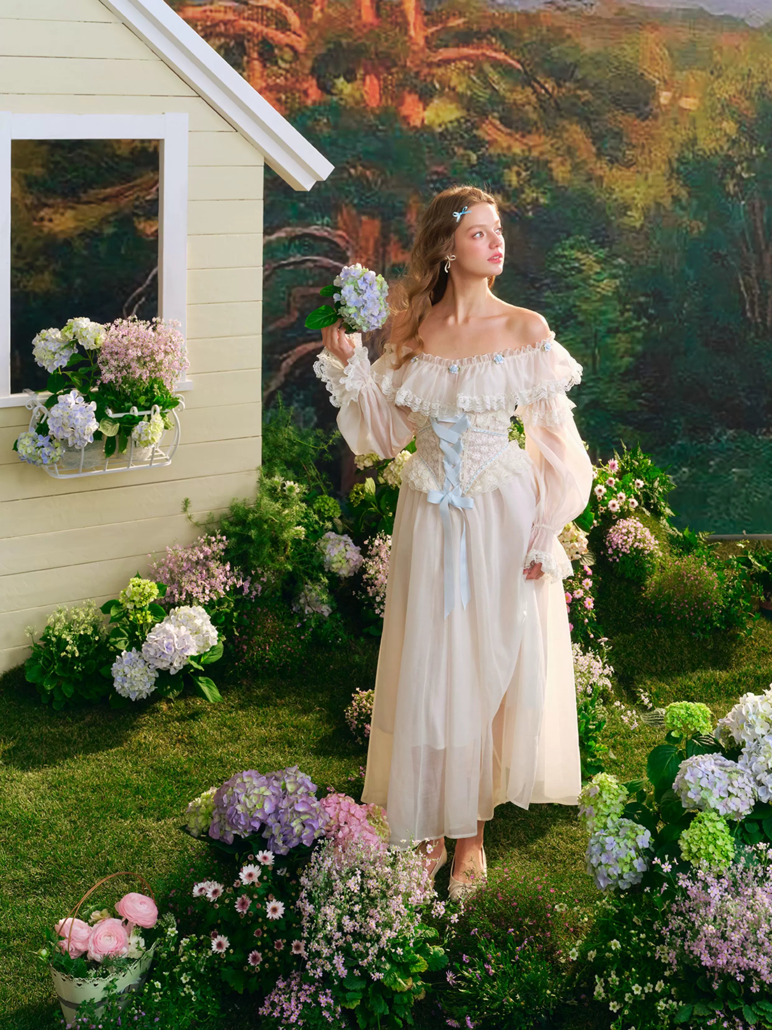 French Countryside Dress Full Lantern Sleeve Long Maxi Ladies XS-XL Vintage High Waist Lace Slash Neck White Lace Up 2025