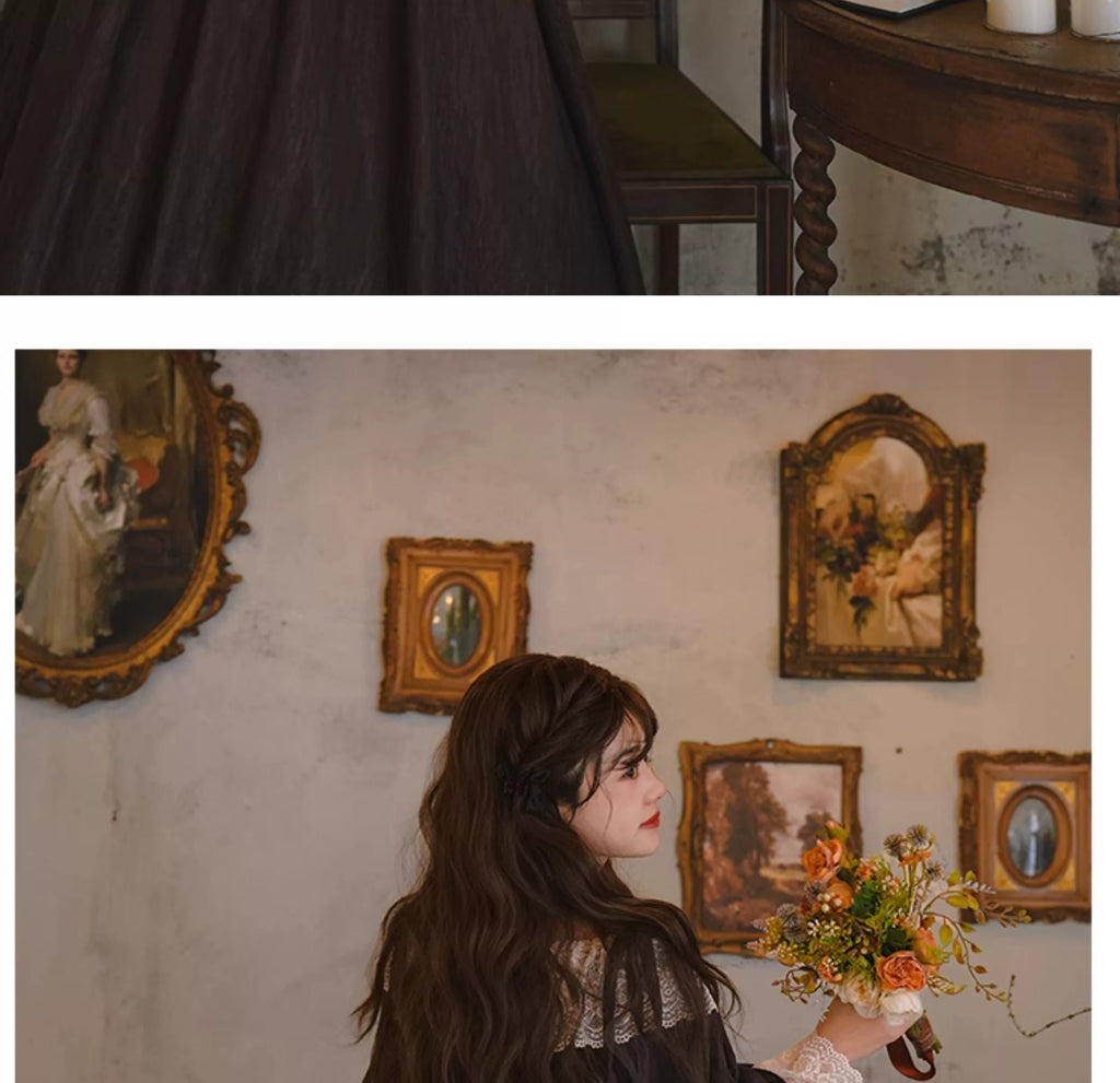 Parisian Women French Court Retro Lace Corset Puff Sleeve Jacquard Texture Dress