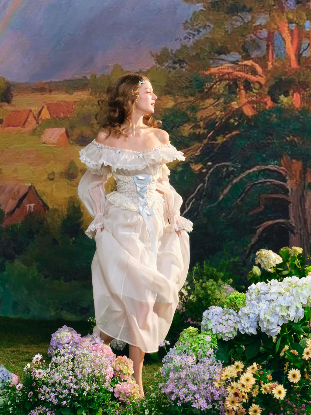 French Countryside Dress Full Lantern Sleeve Long Maxi Ladies XS-XL Vintage High Waist Lace Slash Neck White Lace Up 2025