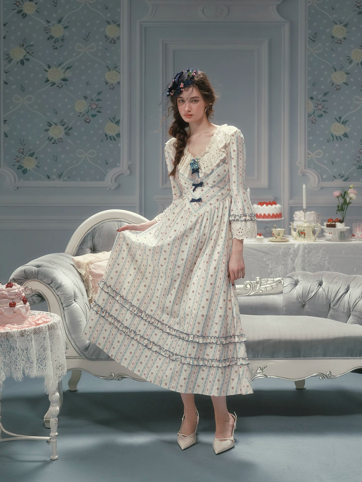 Parisian Cotton Lace Trimmed Women Dress Three Quarter Flare Sleeve Long Maxi Ladies V-Neck XS-XL Vintage High Waist Printed 2026