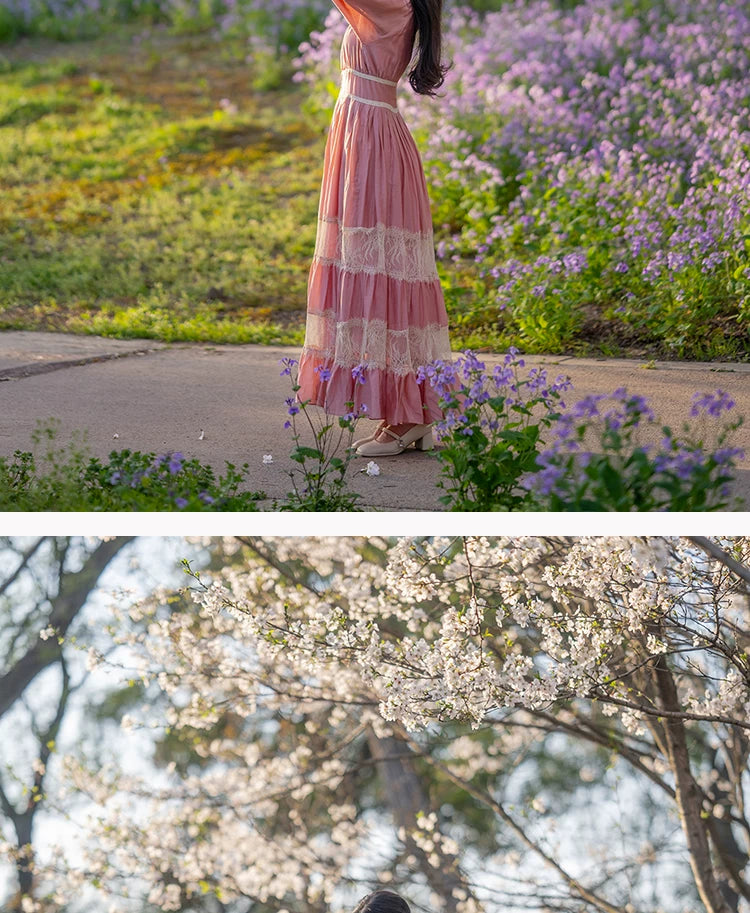 Parisian Long Maxi Women Ladies Dress Full Lantern Sleeve Pink Lace Patchwork 2025 New S-XL Spring Autumn Summer Square Collar