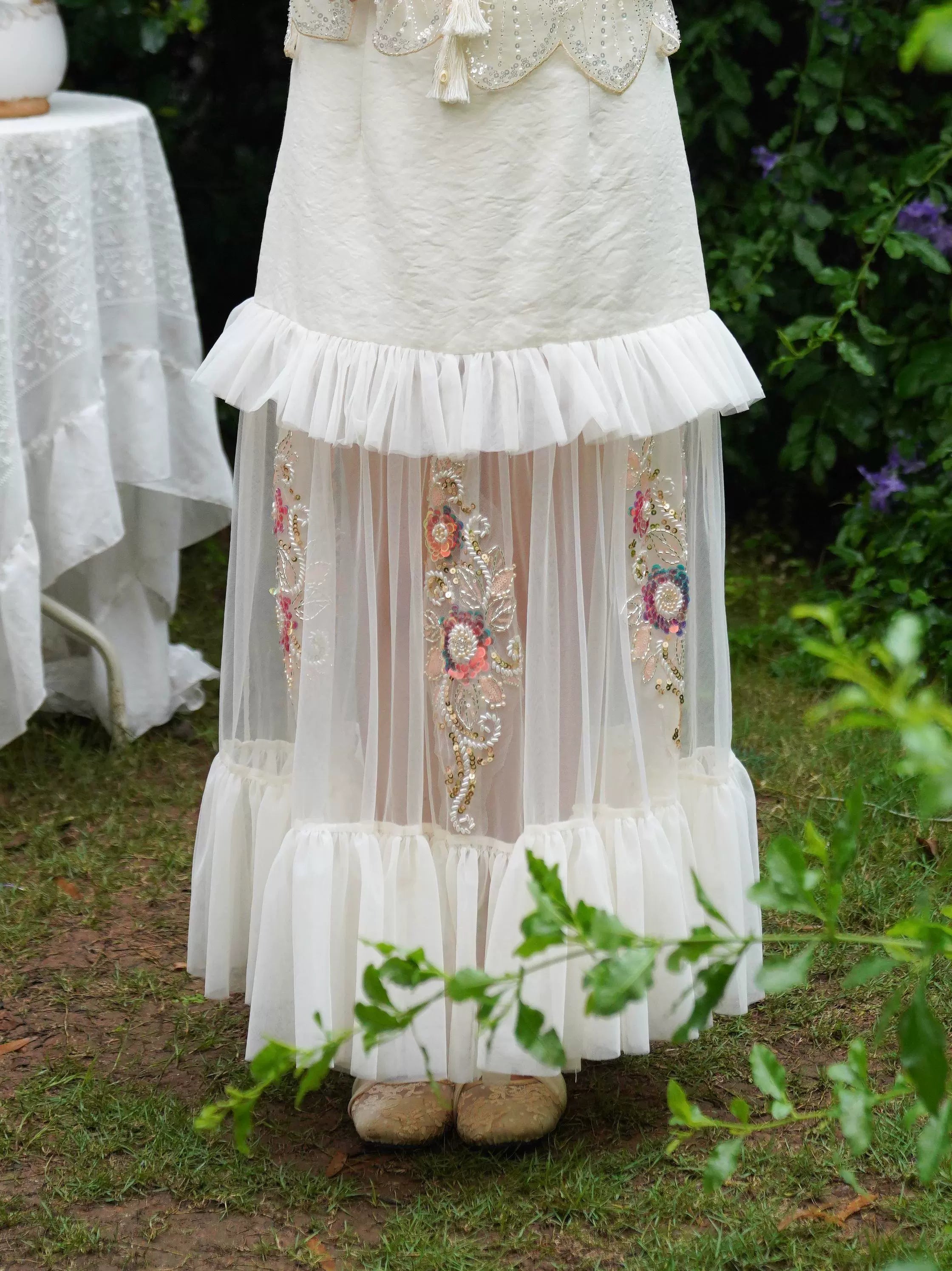 The Aurelia Beaded Gauze Skirt | Hand-Stitched Apricot Maxi | French Flounce Skirt with Ear Fringe | Parisian Princess