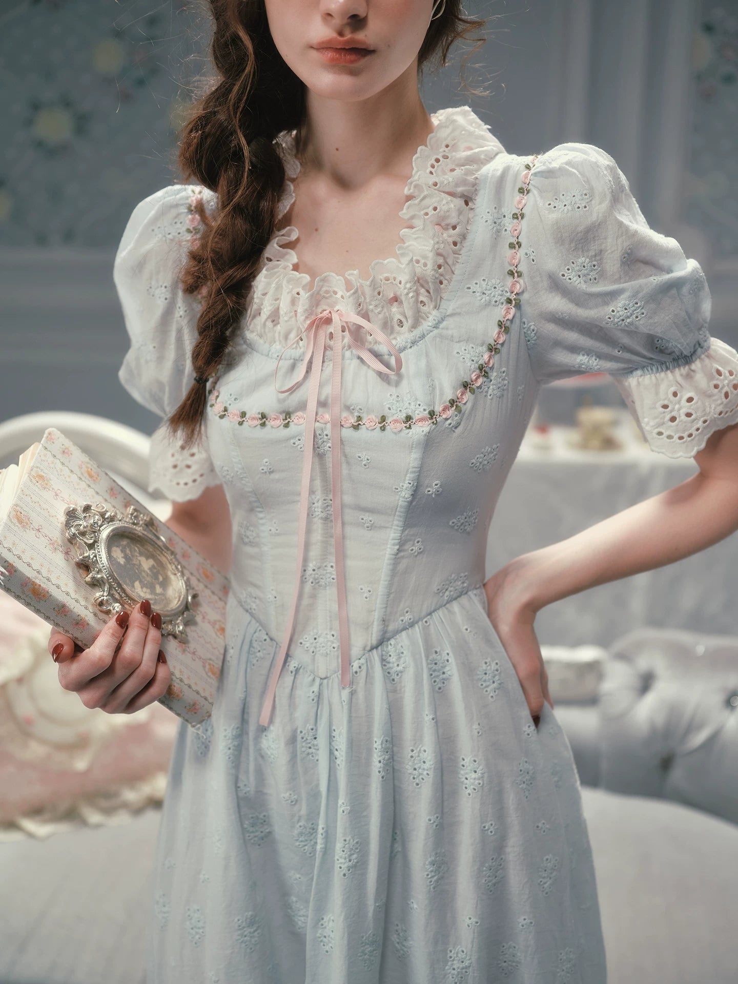The La Croix Blue Lace Gown | Cotton Brocade Puff Sleeve Dress | Vintage Square Collar Midi | Parisian Princess