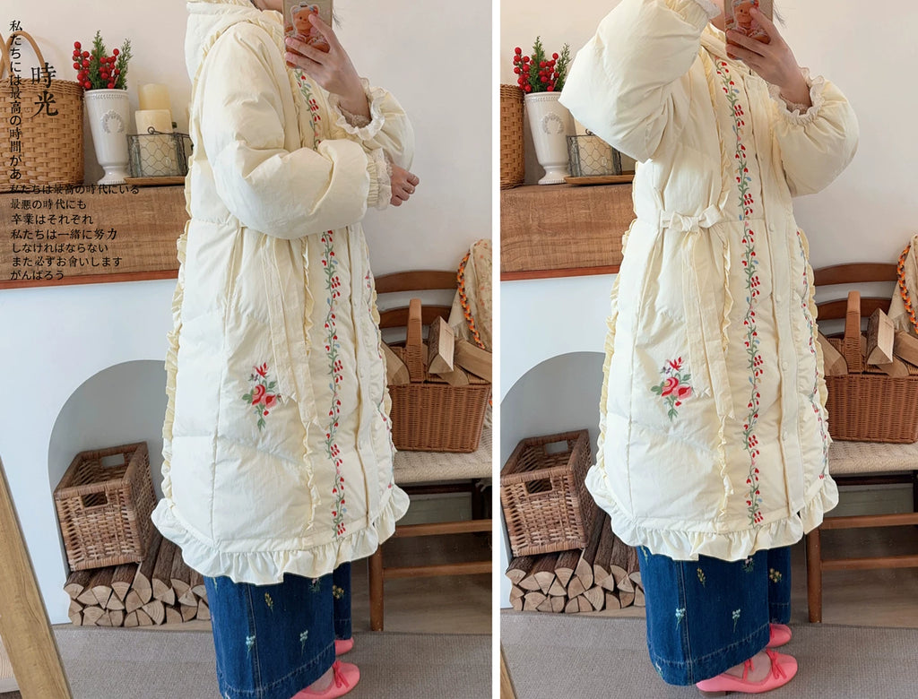 Parisian Women Full Sleeve Long Mid-Calf Thick Outerwear Hoode Zipper Down Jacket Embroidery Warm Coats Japanese Style