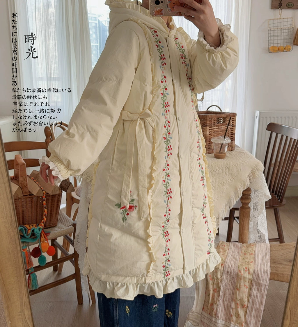 Parisian Women Full Sleeve Long Mid-Calf Thick Outerwear Hoode Zipper Down Jacket Embroidery Warm Coats Japanese Style