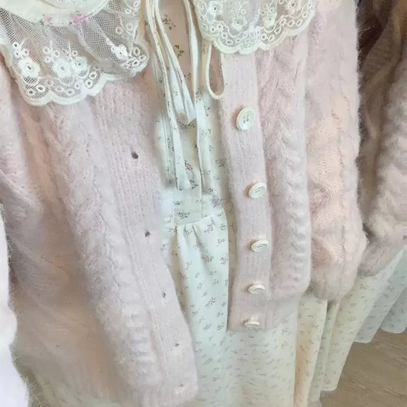 Autumn Winter Parisian Sweet Super Fairy Knitting Cardigan Sweater Outwear + Doll Collar Floral Dress Two-piece Set Women's Clothing