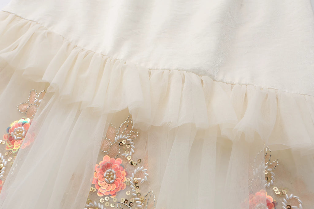 The Aurelia Beaded Gauze Skirt | Hand-Stitched Apricot Maxi | French Flounce Skirt with Ear Fringe | Parisian Princess