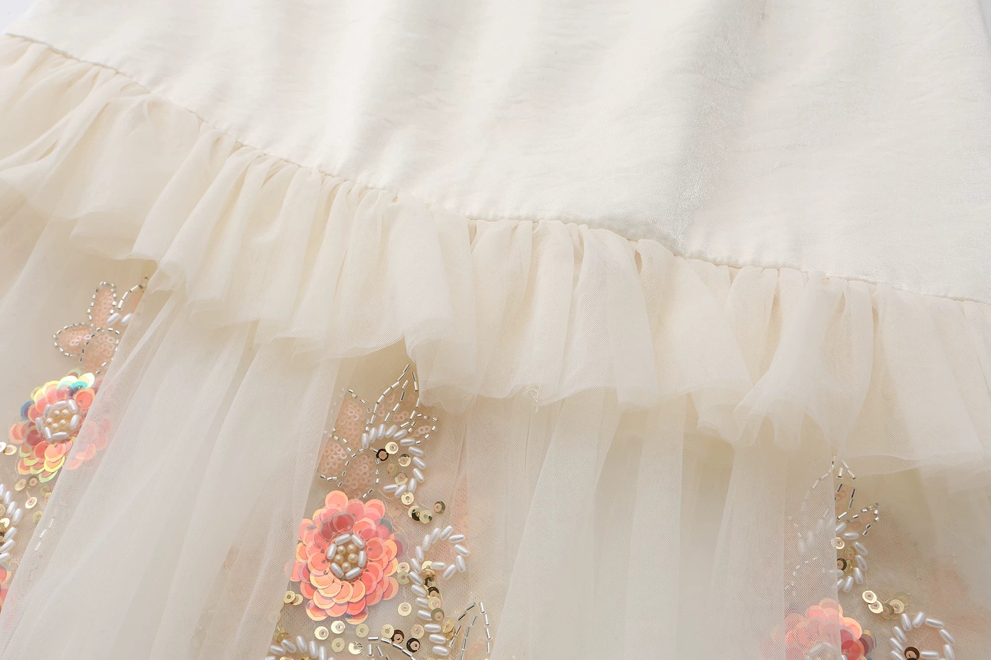 The Aurelia Beaded Gauze Skirt | Hand-Stitched Apricot Maxi | French Flounce Skirt with Ear Fringe | Parisian Princess