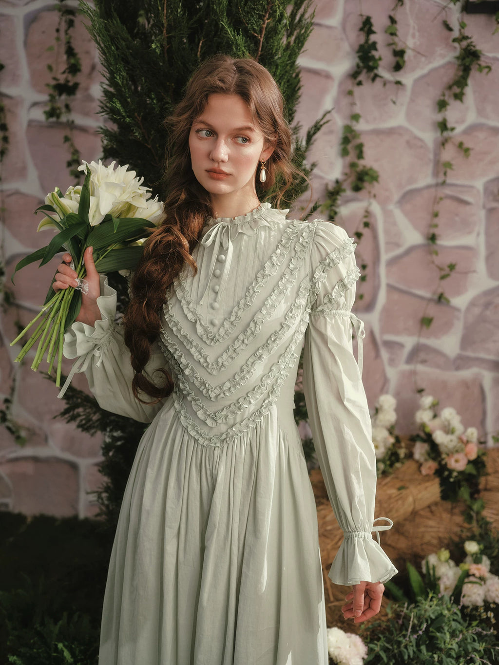 Parisian Princess French Dress Full Lantern Sleeve Long Maxi Ladies XS-XL Vintage High Waist 100% Cotton Lace Up 2025 New