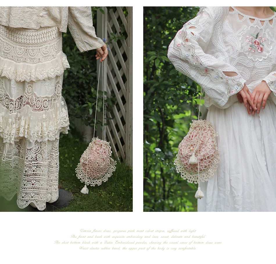 Lianer Art Hand-stitched Hollow Out Mori Kei Weaven Bags