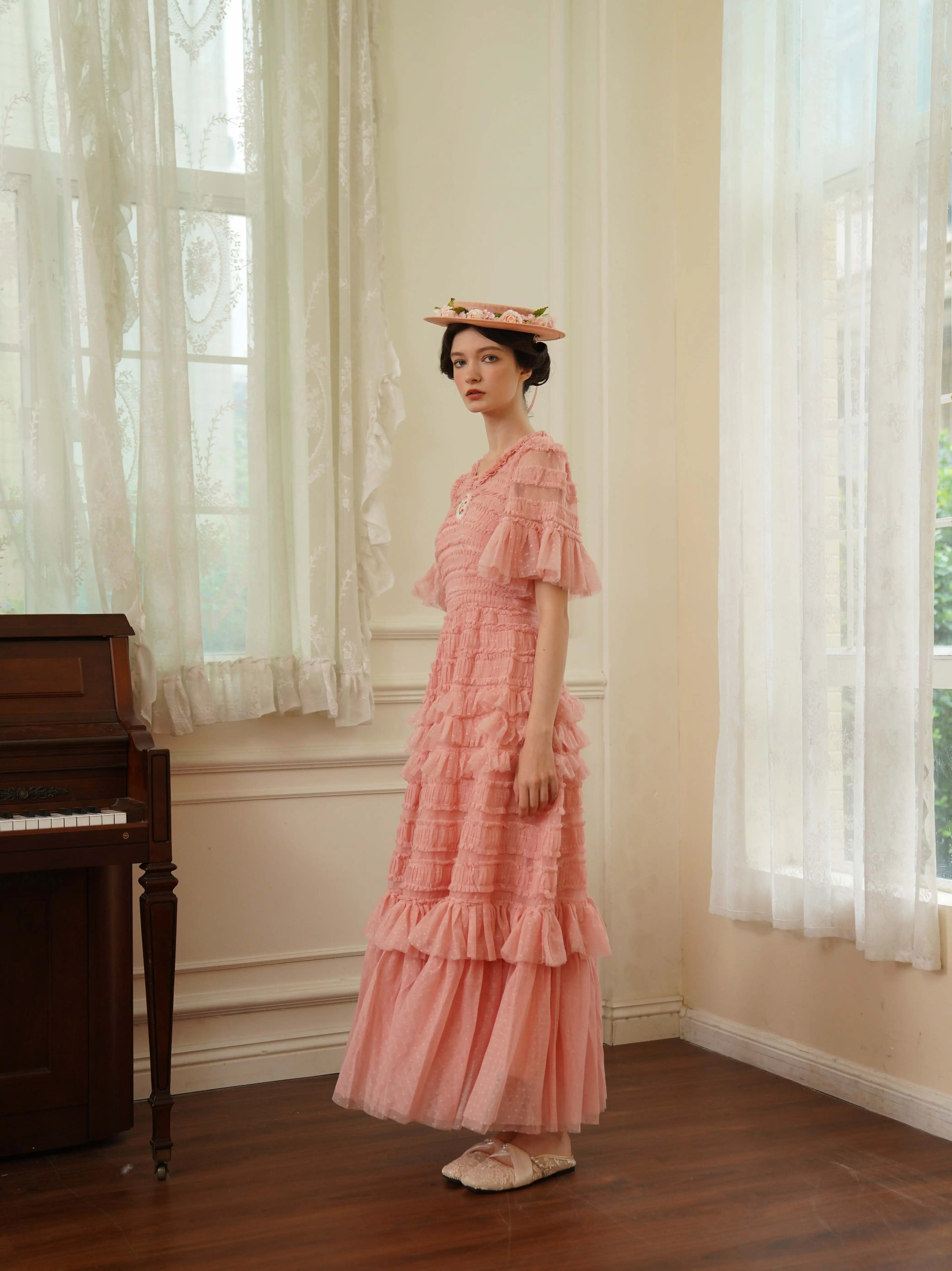 The Candy-Pink Promenade Gown | Hand-Embroidered Tiered Ballgown | Spring Mesh Cake Dress | Parisian Princess