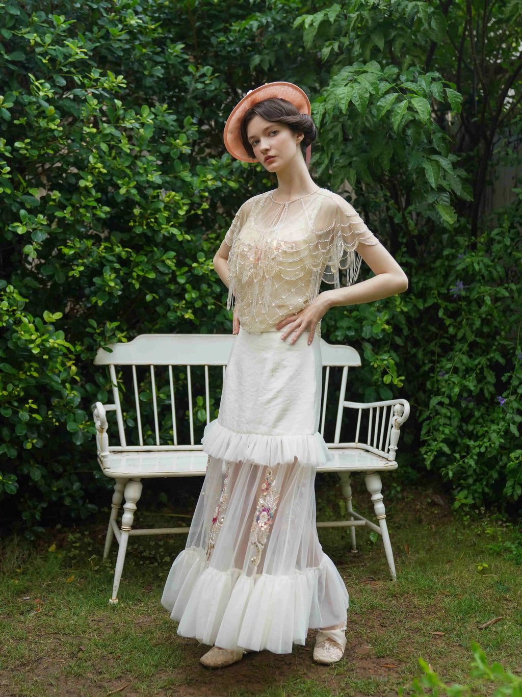 The Aurelia Beaded Gauze Skirt | Hand-Stitched Apricot Maxi | French Flounce Skirt with Ear Fringe | Parisian Princess