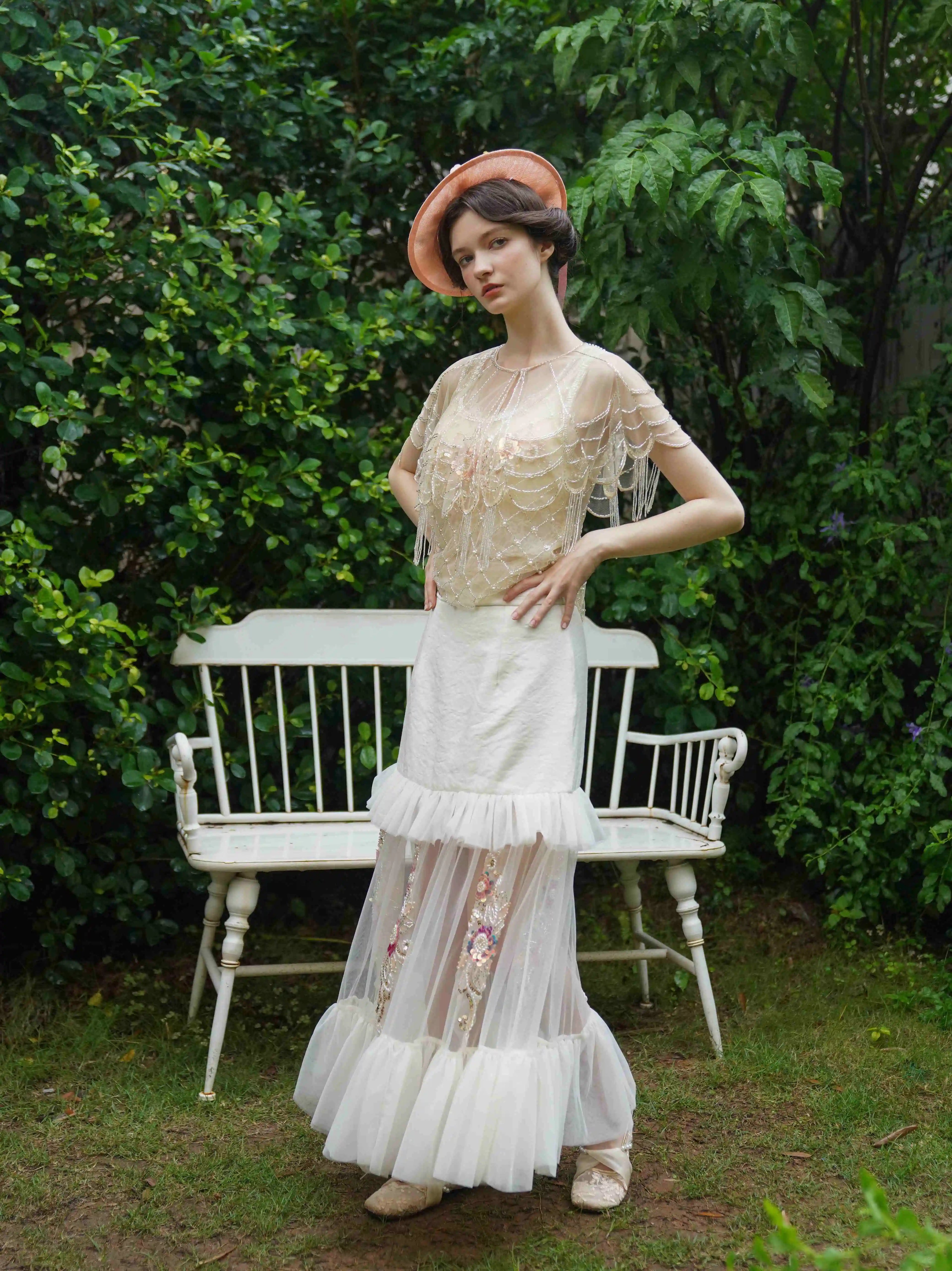 The Aurelia Beaded Gauze Skirt | Hand-Stitched Apricot Maxi | French Flounce Skirt with Ear Fringe | Parisian Princess