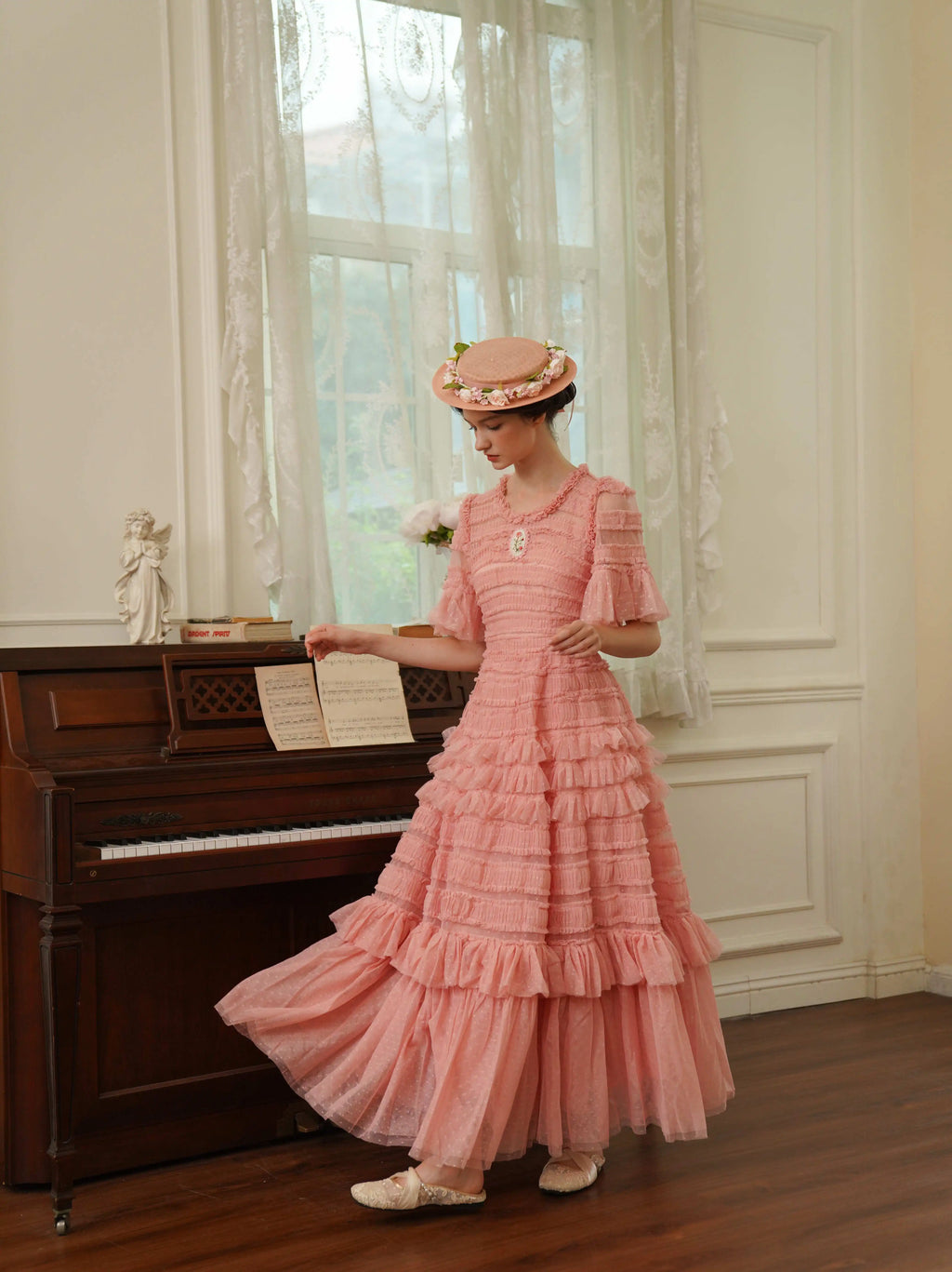 The Candy-Pink Promenade Gown | Hand-Embroidered Tiered Ballgown | Spring Mesh Cake Dress | Parisian Princess