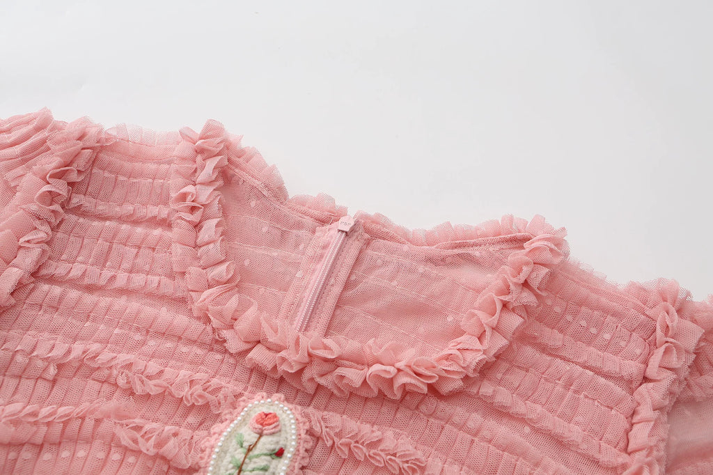 The Candy-Pink Promenade Gown | Hand-Embroidered Tiered Ballgown | Spring Mesh Cake Dress | Parisian Princess