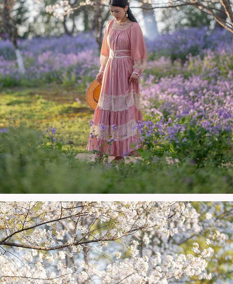 Parisian Long Maxi Women Ladies Dress Full Lantern Sleeve Pink Lace Patchwork 2025 New S-XL Spring Autumn Summer Square Collar