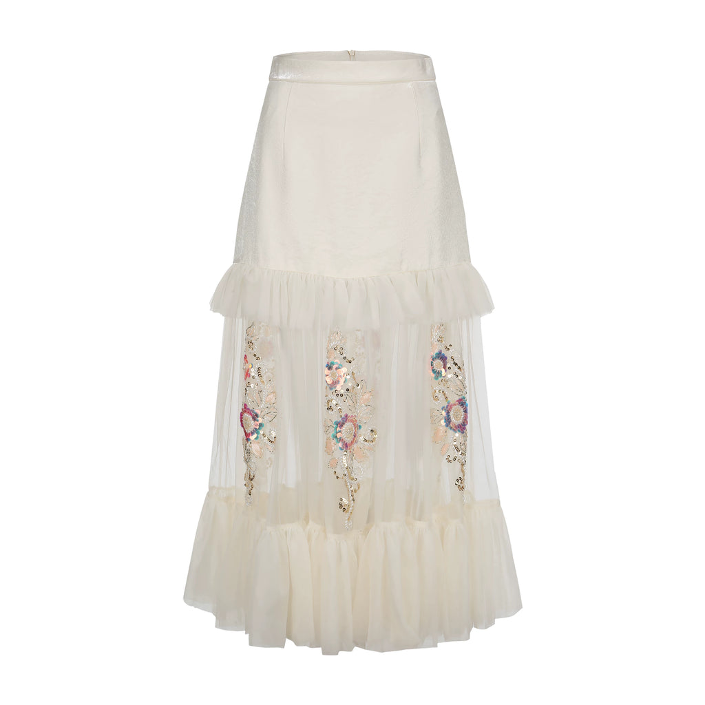 The Aurelia Beaded Gauze Skirt | Hand-Stitched Apricot Maxi | French Flounce Skirt with Ear Fringe | Parisian Princess